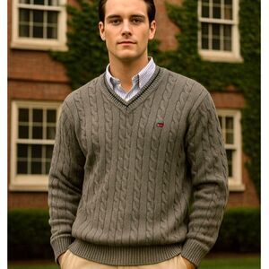 Tommy Hilfiger Cable Knit Varsity Sweater Mens Sz M VTG Cotton V-Neck Ivy League